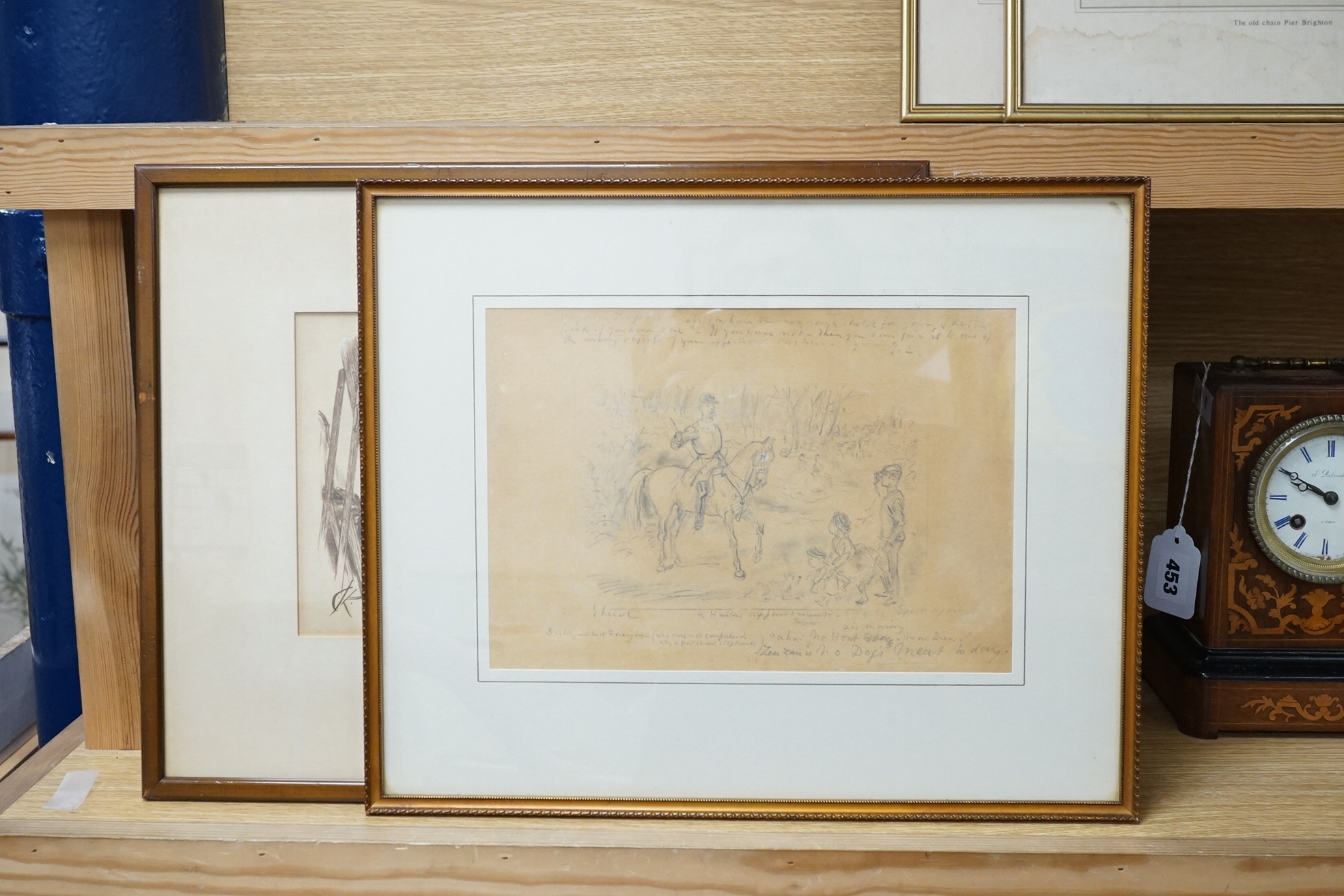 Two 19th century cartoons, to include a monochrome inksketch, 'The Cunning Exhibitions', gallery label verso and a pencil study 'A hunting appointment', 19 x 27cm. Condition - fair